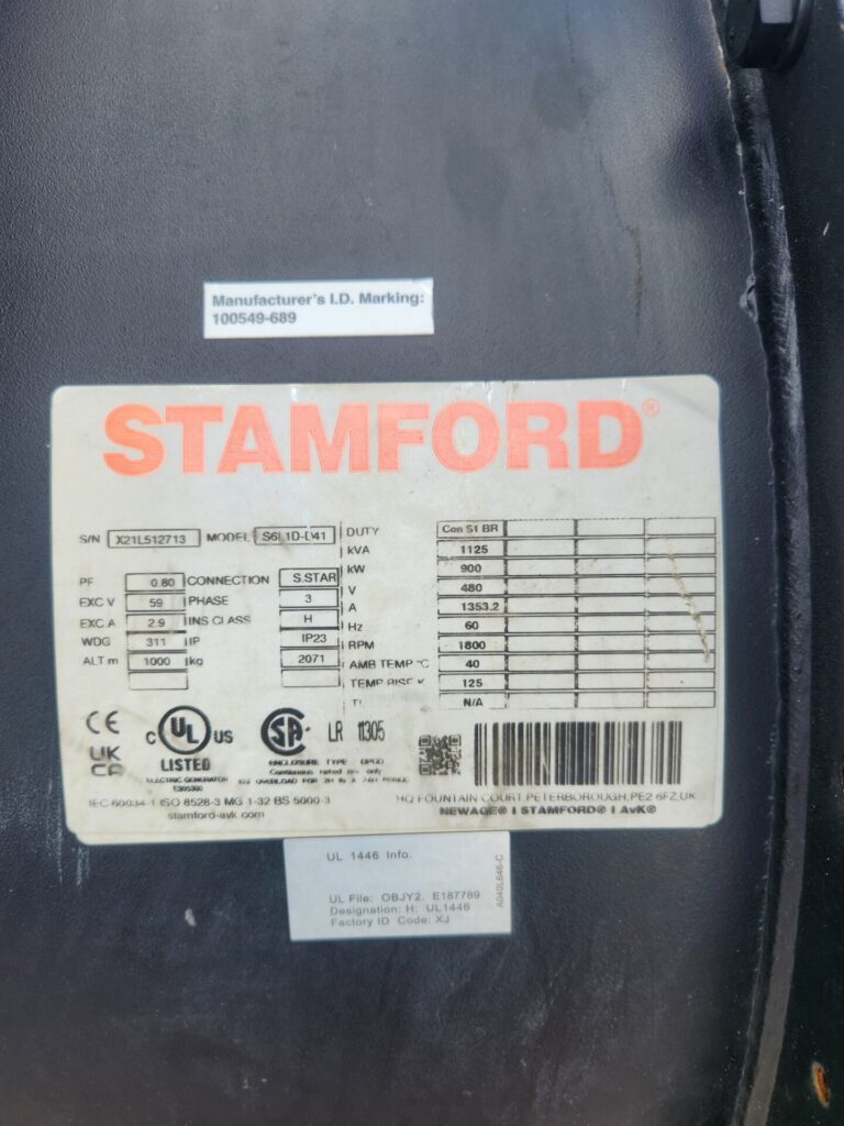 New Stamford 900kW Continuous Duty 480V Generator End