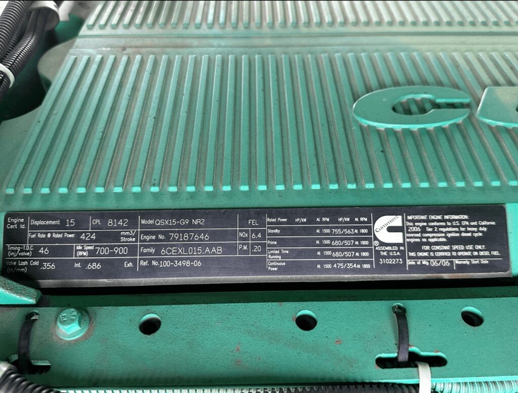Detail shot of Cummins DFEK Standby Diesel Generator - Tier 2 with Tier 2 emissions compliance for plant operations and utilities