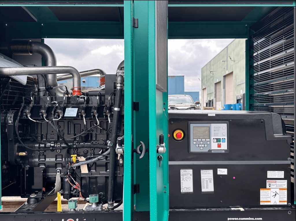Skid-mounted view of New Cummins C150N6 Standby Natural Gas / Propane Generator providing cleaner natural gas standby power for temporary power at construction sites