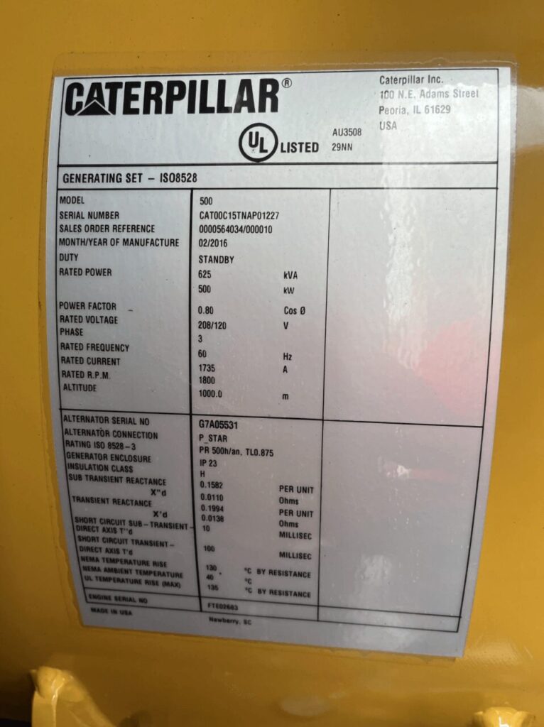 Onsite photo of Caterpillar C15 Standby Diesel Generator diesel unit for critical standby coverage